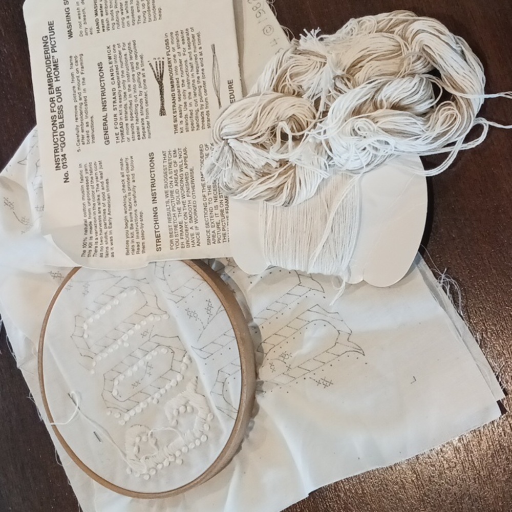 Embroidery Kit, " God Bless Our Home," Started. About 24.5x11"